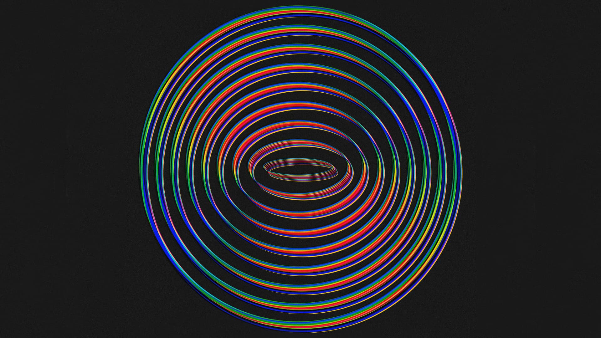 Ilustración abstracta. Sobre un fondo oscuro se dispone una figura central formada por múltiples líneas curvas concéntricas que construyen una espiral ovalada, con un núcleo pequeño en el centro que se expande progresivamente hacia el exterior. Las líneas están compuestas por trazos paralelos que recorren todo el contorno de cada anillo, generando un efecto de vibración visual y profundidad. El conjunto sugiere movimiento continuo, como si las curvas giraran o se ondularan alrededor de un eje central, creando la sensación de un túnel o remolino visto en perspectiva. La figura ocupa casi todo el encuadre, dejando un margen amplio de fondo uniforme alrededor que resalta la forma geométrica y su estructura repetitiva.