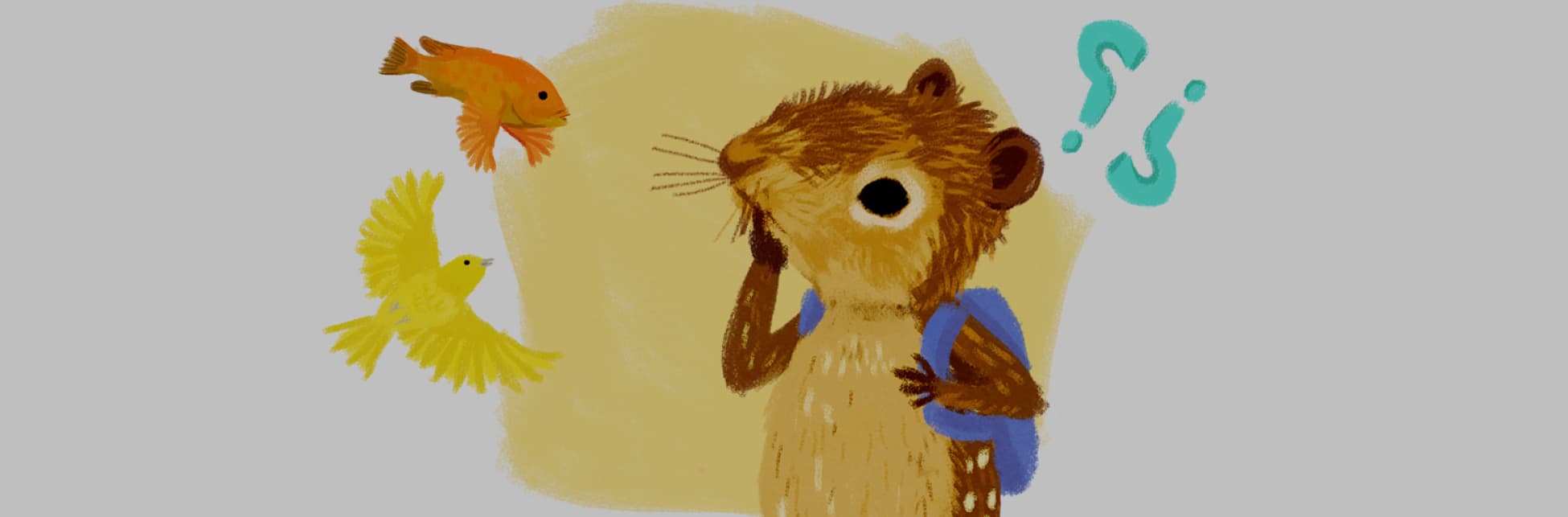Ilustración. En la parte inferior derecha de la imagen una paca, un animal de orejas y hocico corto y cuerpo café con pequeñas manchas blancas, está de pie sobre sus patas traseras y tiene un morral en la espalda, apoya una de sus patas delanteras sobre su hocico expresando intriga. Sobre su cabeza un pájaro amarillo, dos signos de interrogación y un pez.