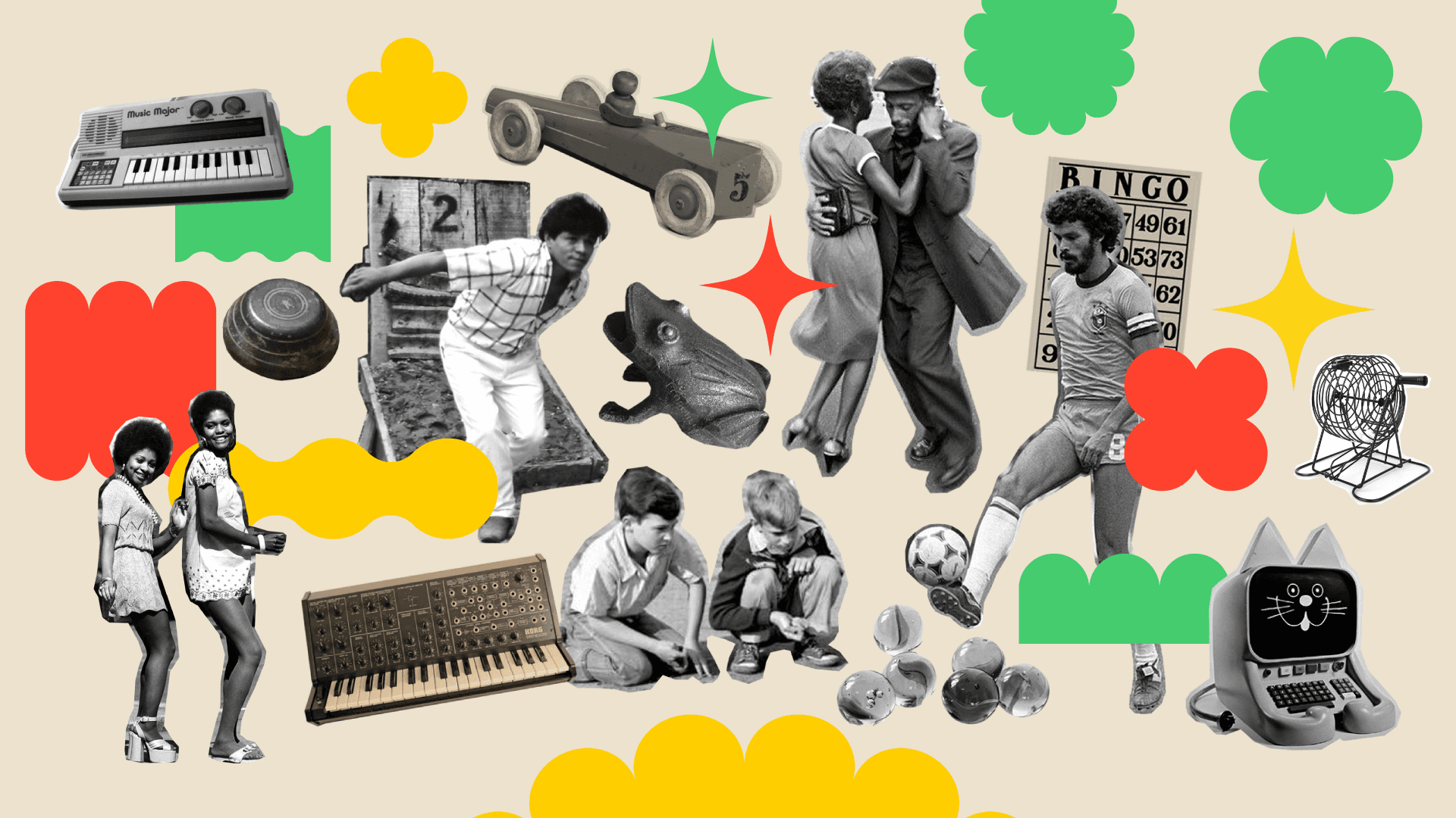 Ilustración. Sobre fondo blanco, un collage compuesto por mujeres bailando, niños jugando canicas, un hombre jugando fútbol, dos sintetizadores, un computador, un bingo, un hombre jugando tejo, un carro de juguete de madera y un sapo del juego sapito.