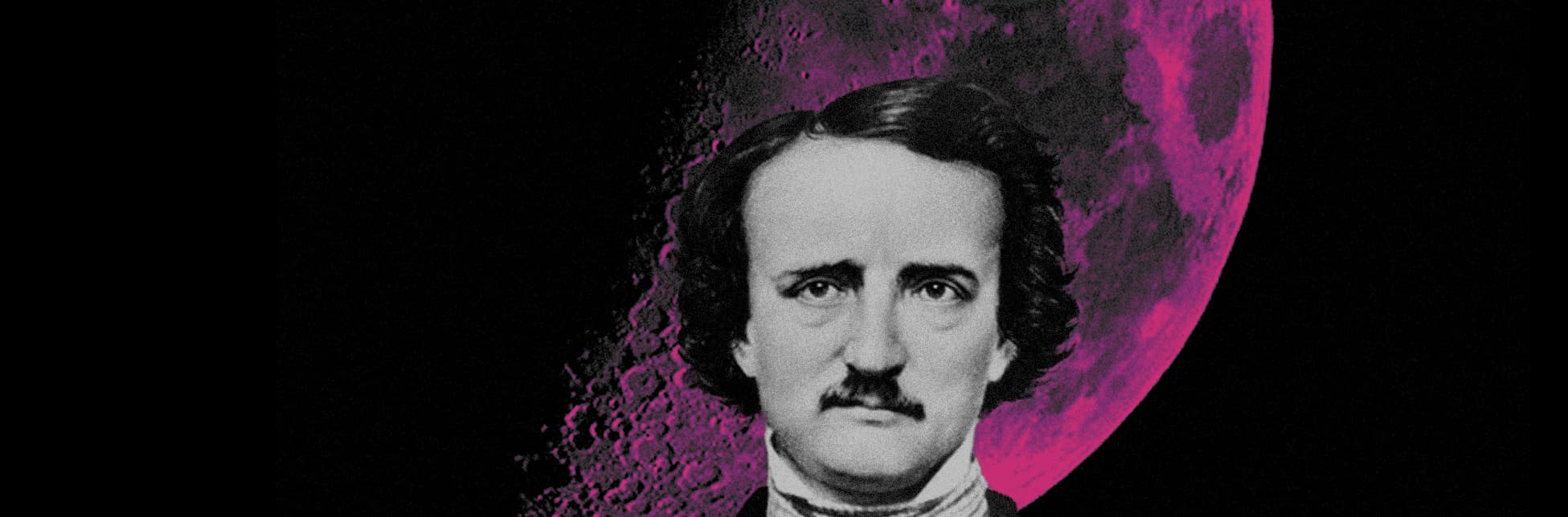 Ilustración. Sobre un fondo negro se superpone la imagen de un cráter lunar en tonos rosados y morados. En la parte inferior izquierda aparece el retrato de un hombre con bigote y mirada frontal, vestido con ropa antigua.