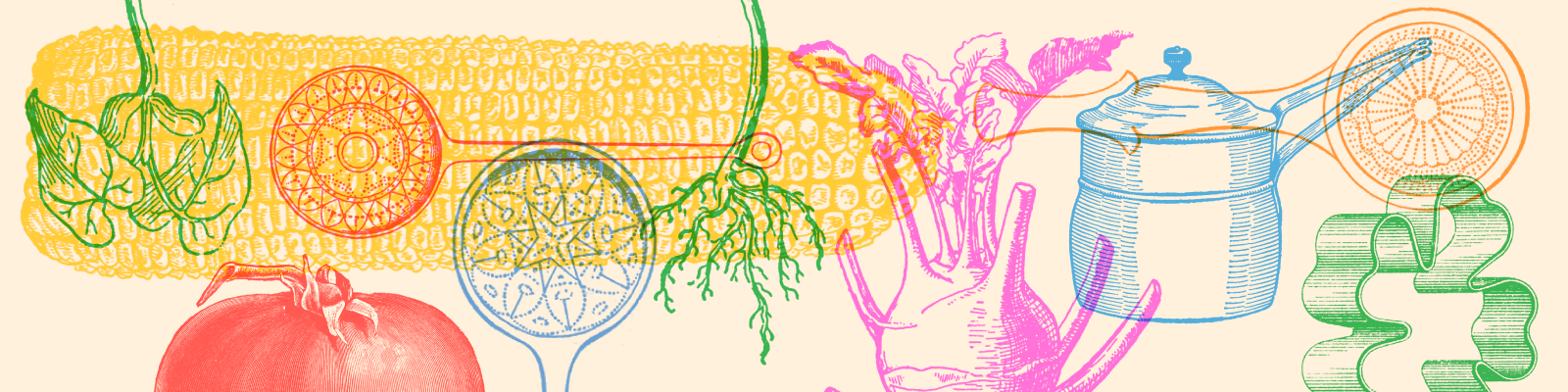 Ilustración. Aparecen dibujados elementos de cocina y comida, tales como un maíz, un tomate, tres pailas y una olla.