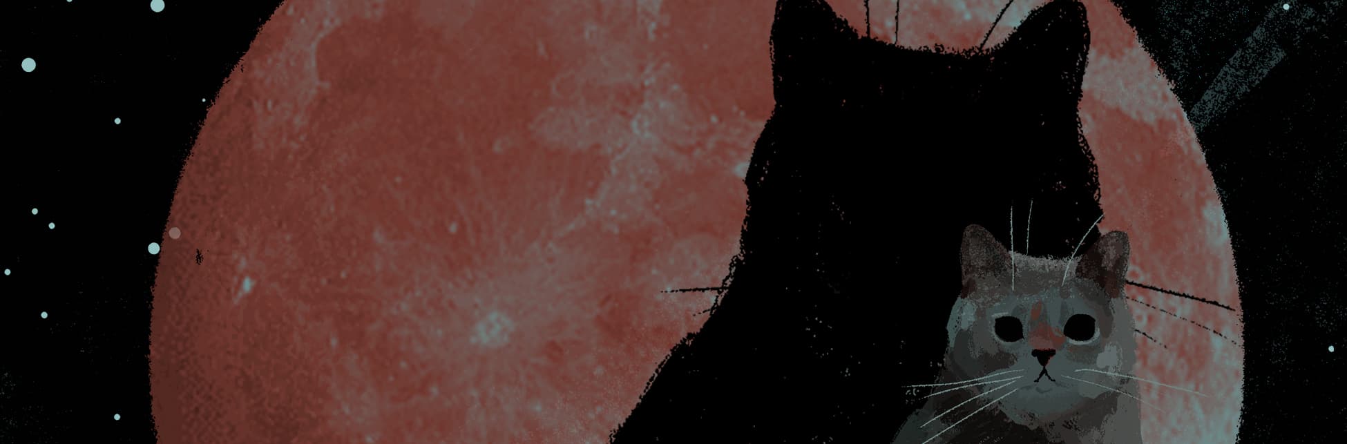 Ilustración. Sobre un fondo oscuro con puntos que simulan estrellas, se destaca una gran luna roja en el centro, parcialmente cubierta por la silueta de un gato negro. A la derecha, se ve un gato gris con ojos claros, mirando al frente.