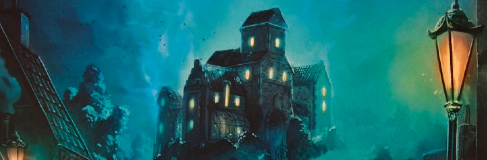 Ilustración. Sobre un fondo nocturno con neblina aparece un castillo, una estructura con varias torres y ventanas.