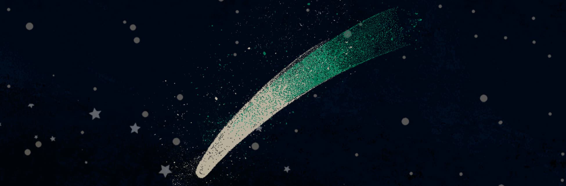 Ilustración horizontal. Sobre un fondo oscuro de estrellas, pasa un cometa, una figura con punta redondeada y blanca que se alarga haciéndose más ancha dejando una estela color verde.