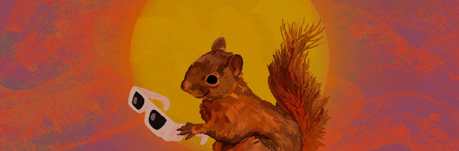 Ilustración. Una ardilla de cuerpo completo y de perfil sostiene con sus patas delanteras unas gafas oscuras. Al fondo el Sol, un círculo de color amarillo intenso.