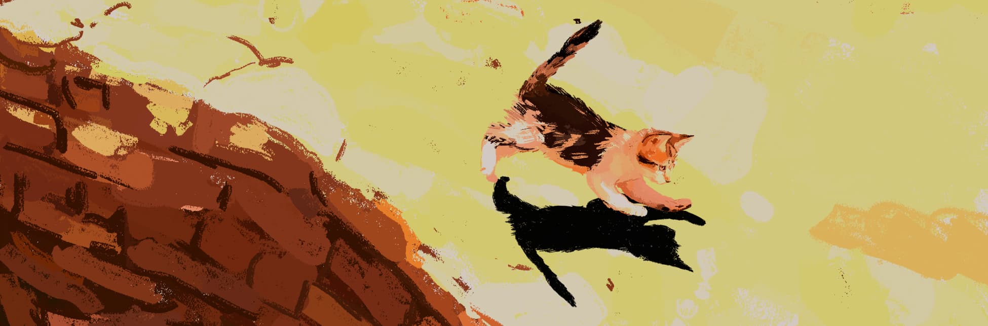 Ilustración. En la parte derecha de la imagen un gato pequeño en tono cafés saltando sobre su propia sombra.