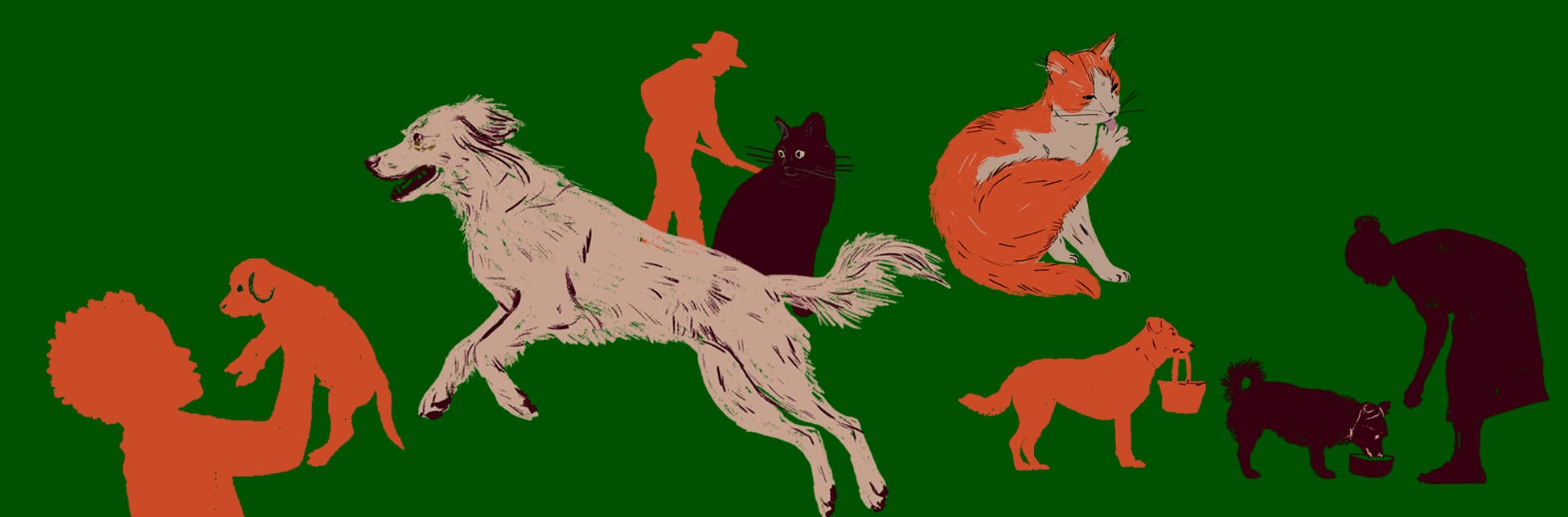Ilustración. Sobre un fondo verde aparecen varias siluetas y dibujos de personas, perros y gatos en tonos naranja, negro y beige.