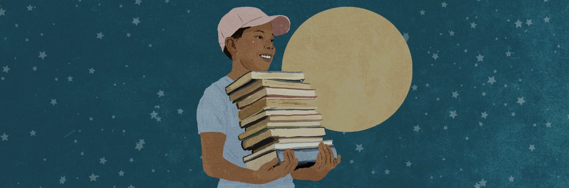 Ilustración. Sobre un fondo estrellado, una persona sonriente con gorra sostiene una pila de libros y detrás aparece un gran círculo que representa un astro.