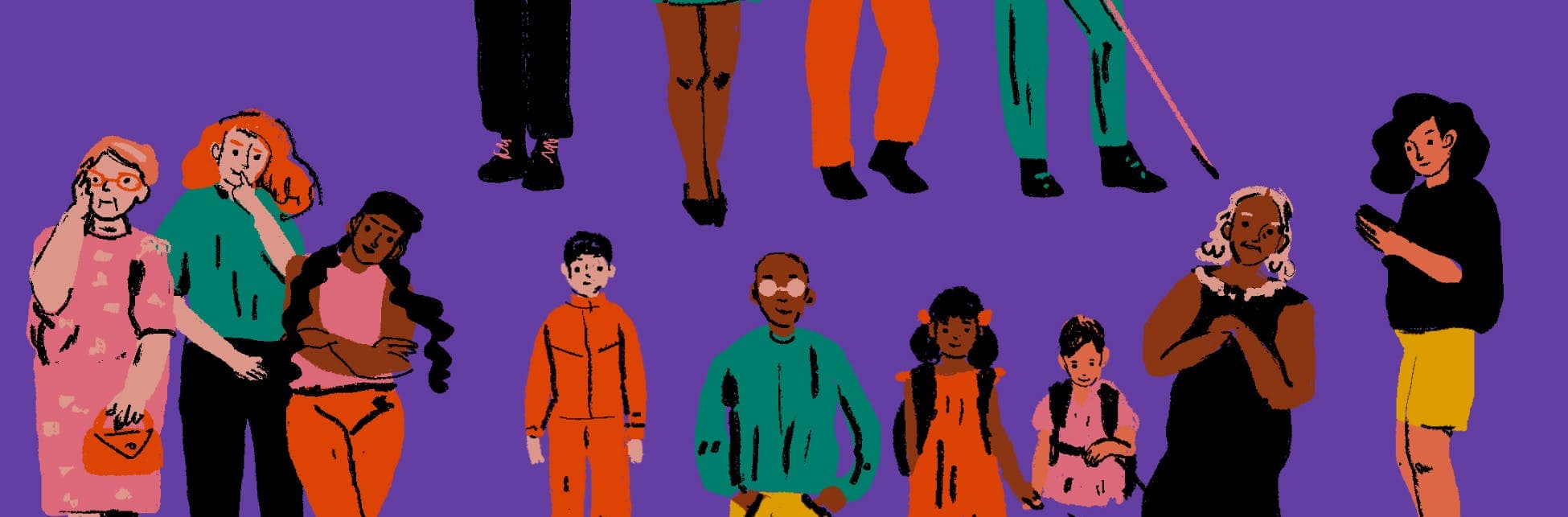 Ilustración. Muchas personas diversas de cuerpo completo y de frente.