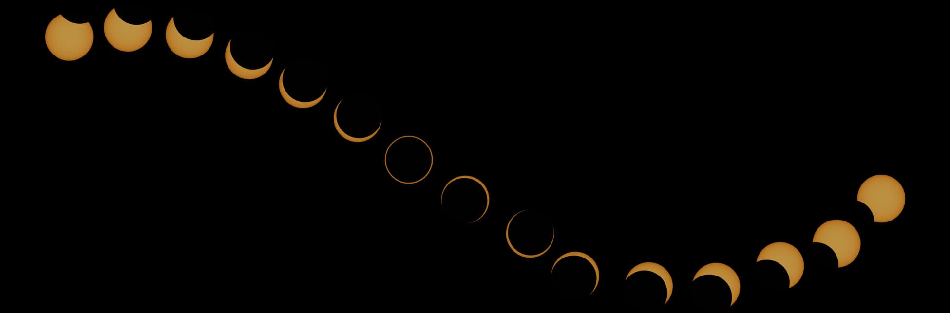 Foto. Sobre un fondo negro aparece la secuencia de un eclipse de Sol, un círculo amarillo al que se le comienza a sobreponer uno oscuro hasta quedar en el centro del amarillo formando un anillo.