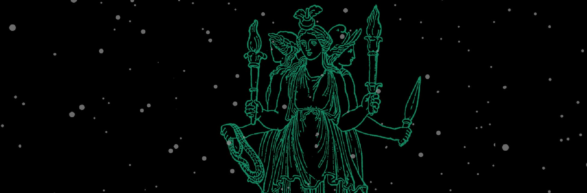 Ilustración. Sobre un fondo negro salpicado de puntos que simulan estrellas, aparece una figura femenina triple dibujada con líneas verdes; cada una mira en distinta dirección y sostiene en alto una antorcha. Visten túnicas largas y se superponen formando una sola presencia rodeada por pequeños destellos circulares.