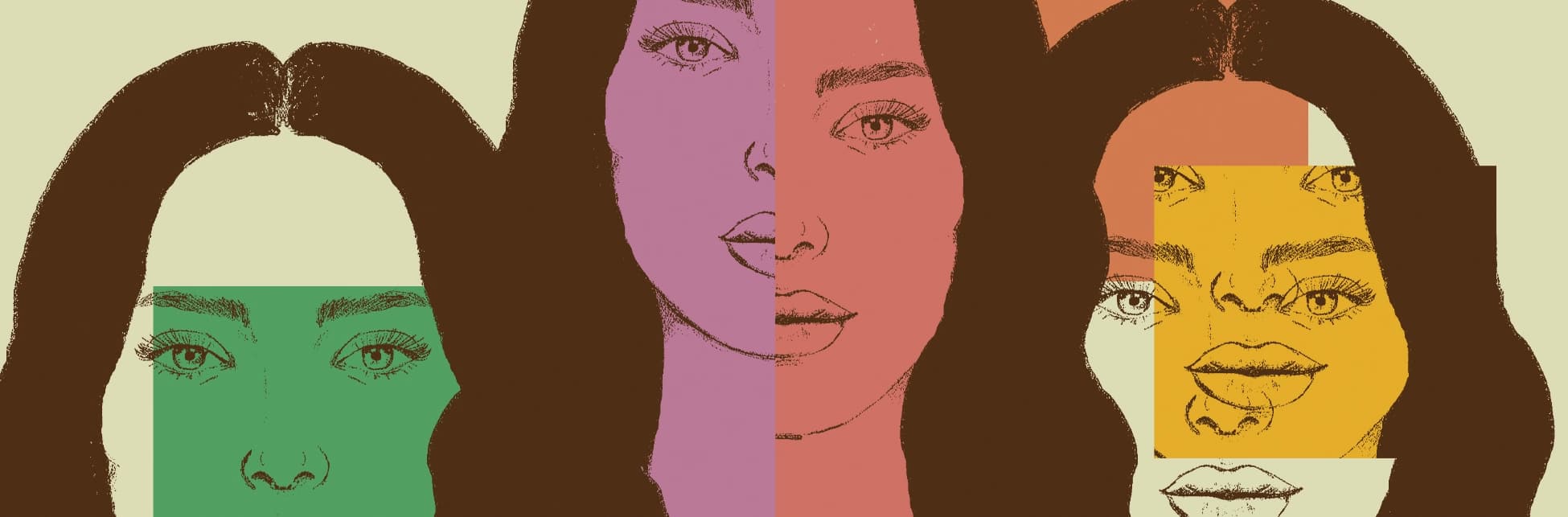 Ilustración. Tres figuras femeninas se superponen y fragmentan mediante rectángulos que duplican partes de sus rostros.