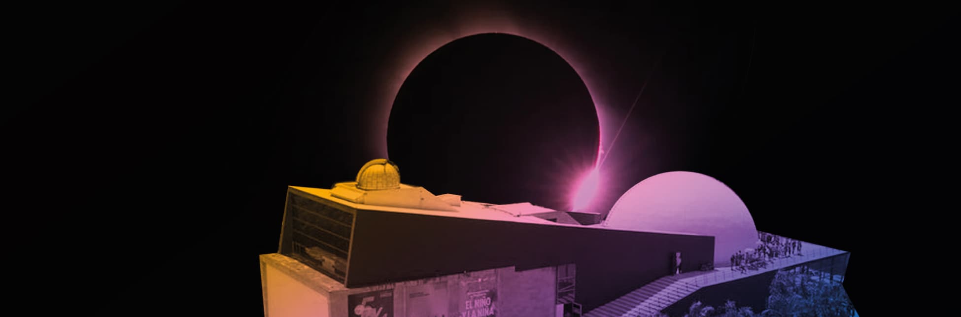 Composición fotográfica. En la parte inferior un edificio con forma alargada e irregular que tiene en la parte derecha una cúpula semicircular grande y en la derecha una más pequeña. Sobre el edificio hay un sol tapado como en un eclipse solar.