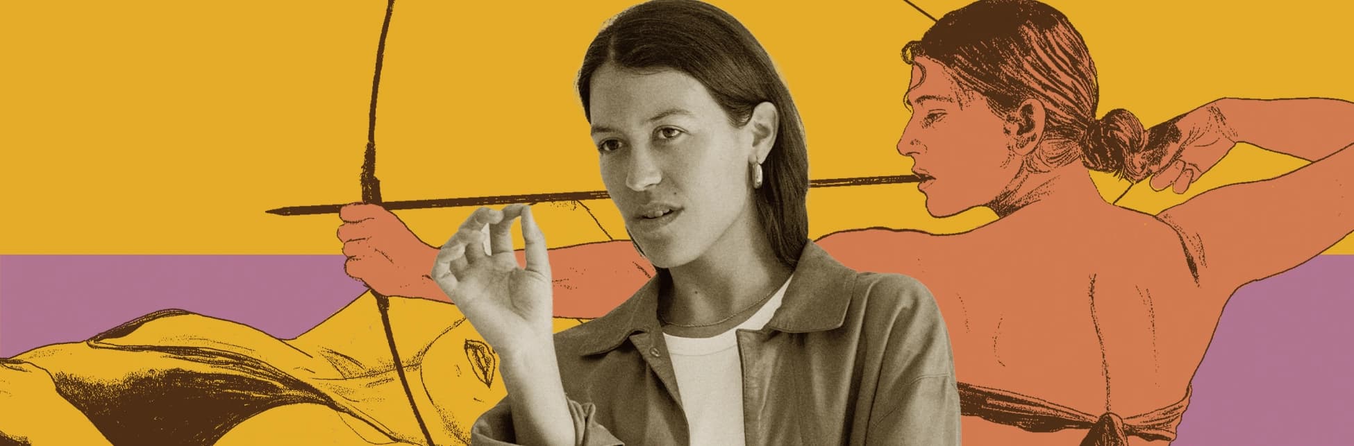 Fotomontaje. Una mujer gesticula con una mano mientras, detrás, varias figuras humanas ilustradas ocupan distintas posiciones.
