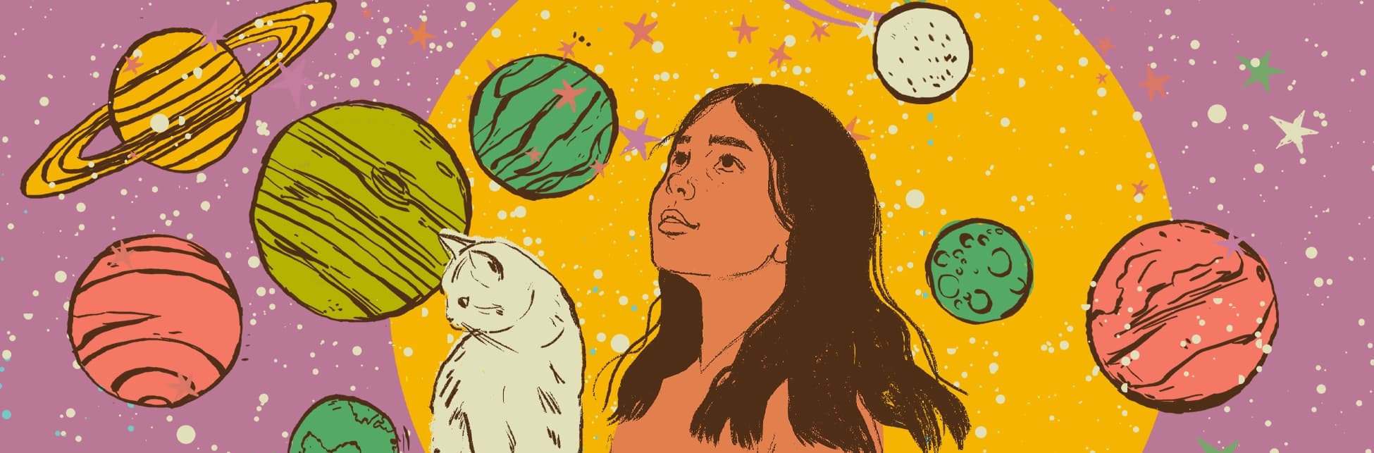 Ilustración. Una mujer y un gato aparecen rodeados de planetas y estrellas.