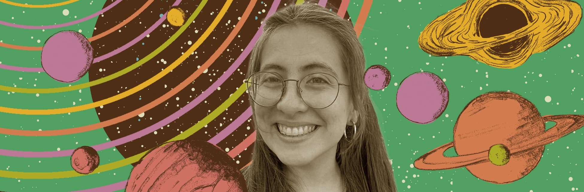 Fotomontaje. El retrato de una mujer sonriente aparece rodeado de planetas, estrellas y órbitas.