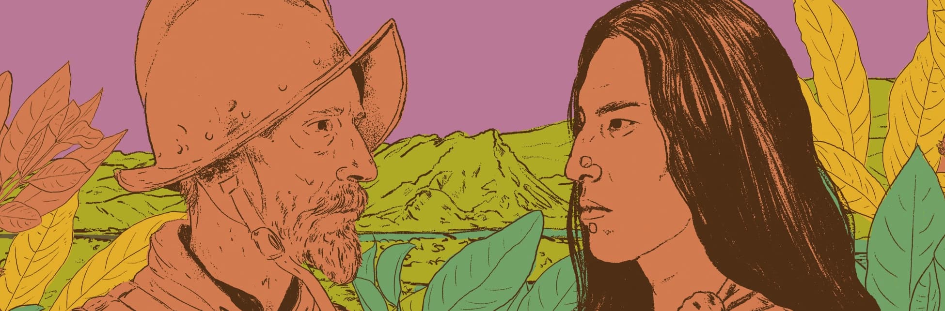 Ilustración. Un hombre con casco y una mujer se miran frente a un paisaje montañoso rodeado de vegetación.