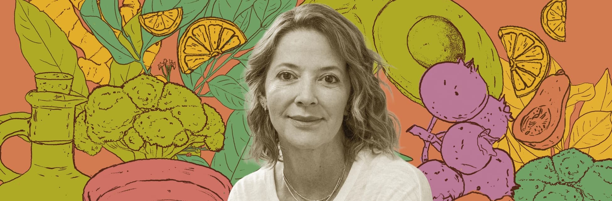 Fotomontaje. El retrato de una mujer aparece ante ilustraciones de frutas, verduras y otros alimentos.