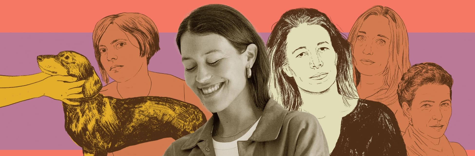 Fotomontaje. Una mujer sonriente aparece junto a la ilustración de un perro y rodeada de retratos de varias personas.