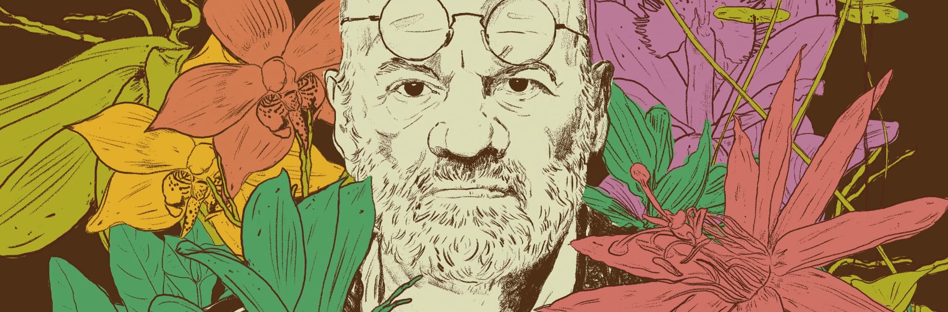 Ilustración. El retrato de un hombre con gafas aparece entre abundantes flores y hojas.