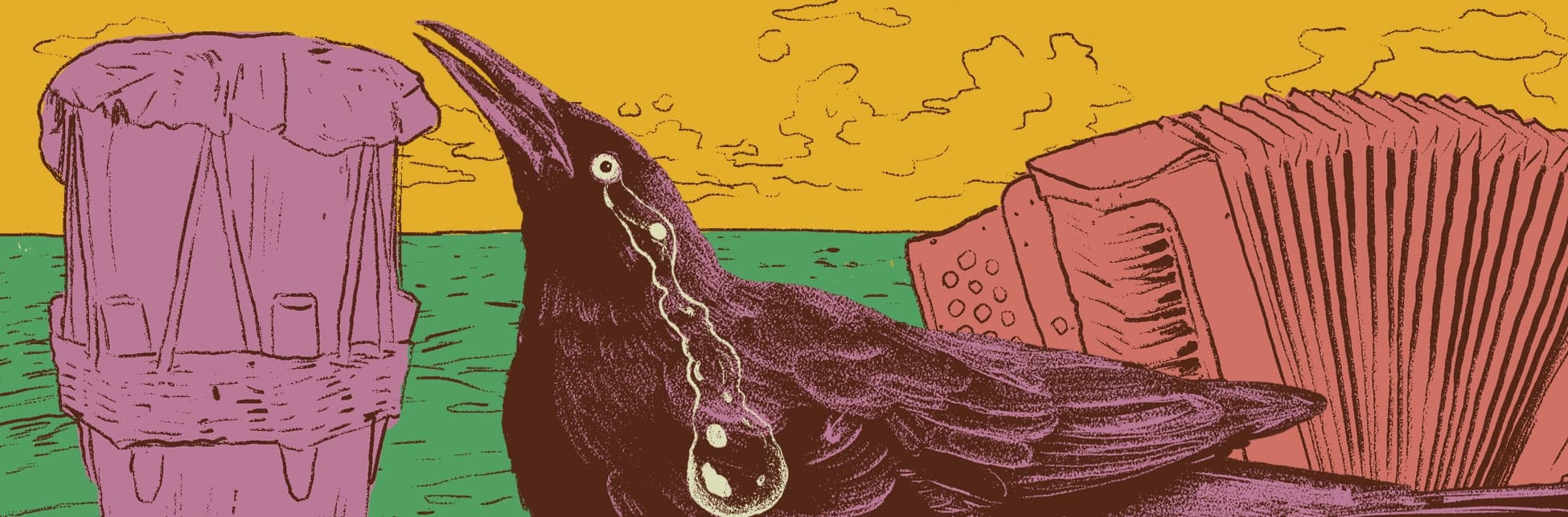 Ilustración. Frente a un paisaje costero con mar, nubes y un sol en el horizonte, un ave ocupa el centro, acompañada por un acordeón y un tambor.