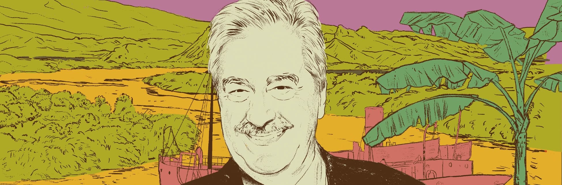 Ilustración. El retrato de un hombre ocupa el centro, frente a un paisaje con río, barco y vegetación.