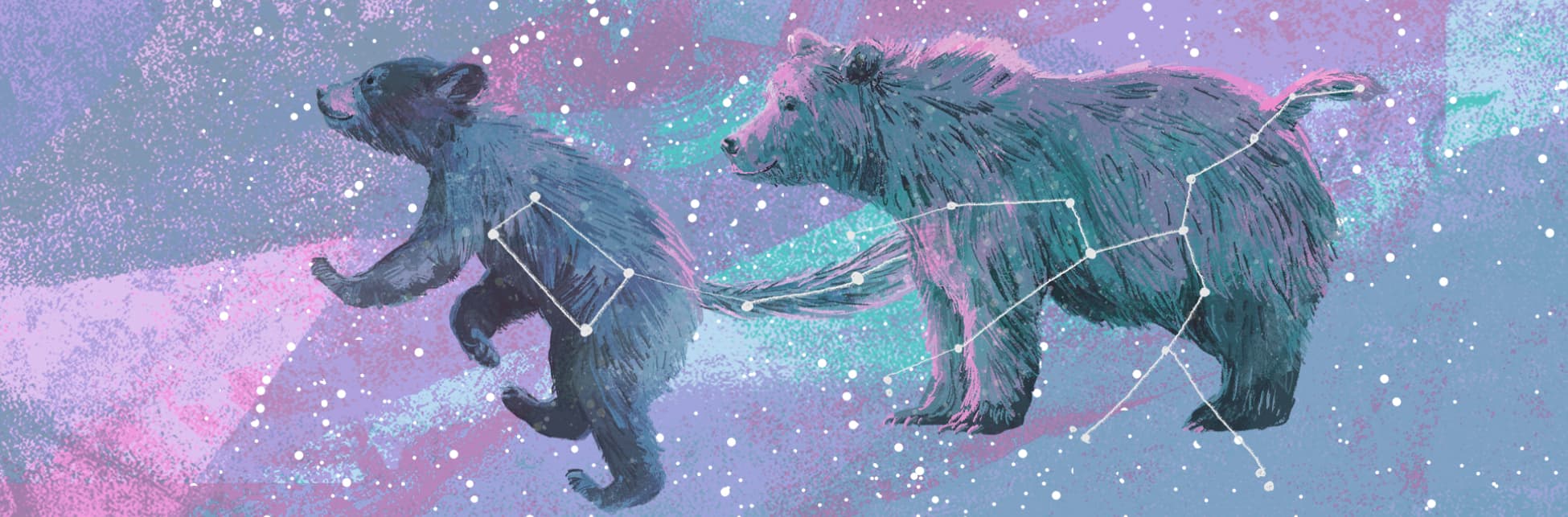 Ilustración. Sobre un fondo de diferentes tonos de azul y lila, en la parte superior el dibujo de un oso con la constelación de la osa mayor y en la parte inferior un poso más pequeño con las características estrellas de la osa menor.