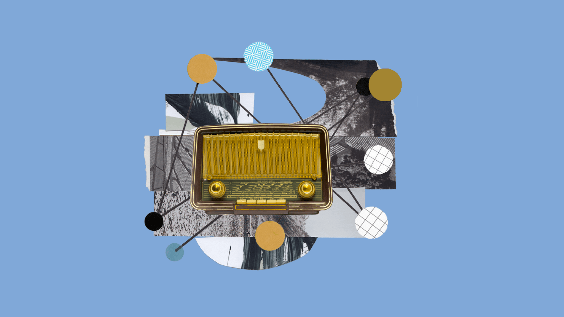 Ilustración. En el centro de la imagen una radio vieja, es rectangular con dos perillas abajo y a cada lado. Detrás de la radio hay recortes de imágenes con texturas. De la radio salen unas líneas que terminan en la punta con un círculo.