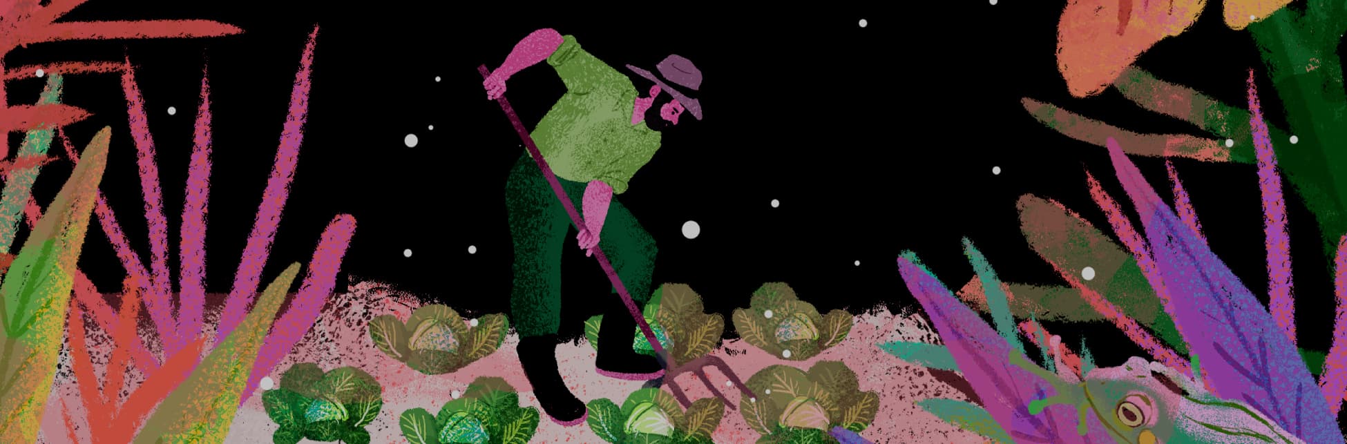 Ilustración. Sobre un fondo negro con estrellas un campesino labra la tierra, a su alrededor hay lechugas y vegetación.