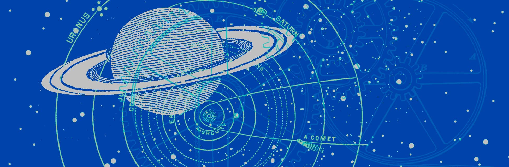 Ilustración. Sobre un fondo de círculos concéntricos aparece el planeta Saturno.