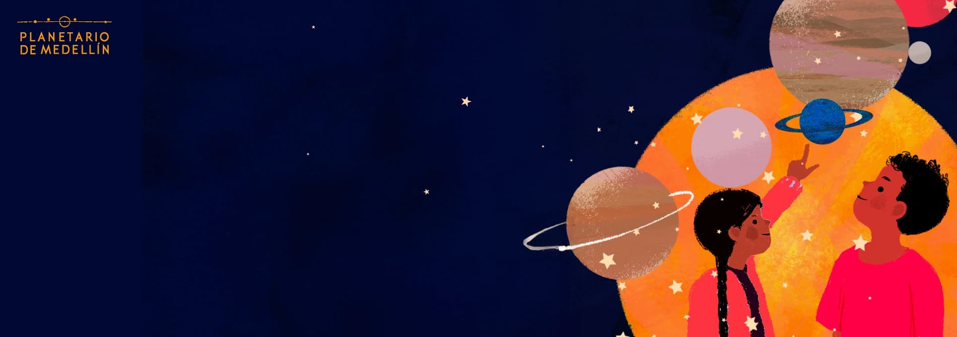 Ilustración. Sobre un fondo azul oscuro con estrellas y planetas, aparecen dos niñas y niños mirando y señalando varios planetas suspendidos.