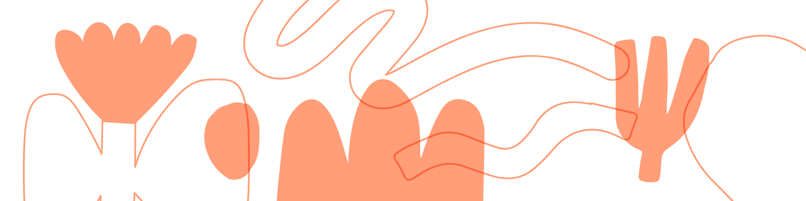 Ilustración. A lo largo de todo el lienzo hay figuras abstractas, hechas con trazos gruesos, entre las que se distinguen flores y cactus.