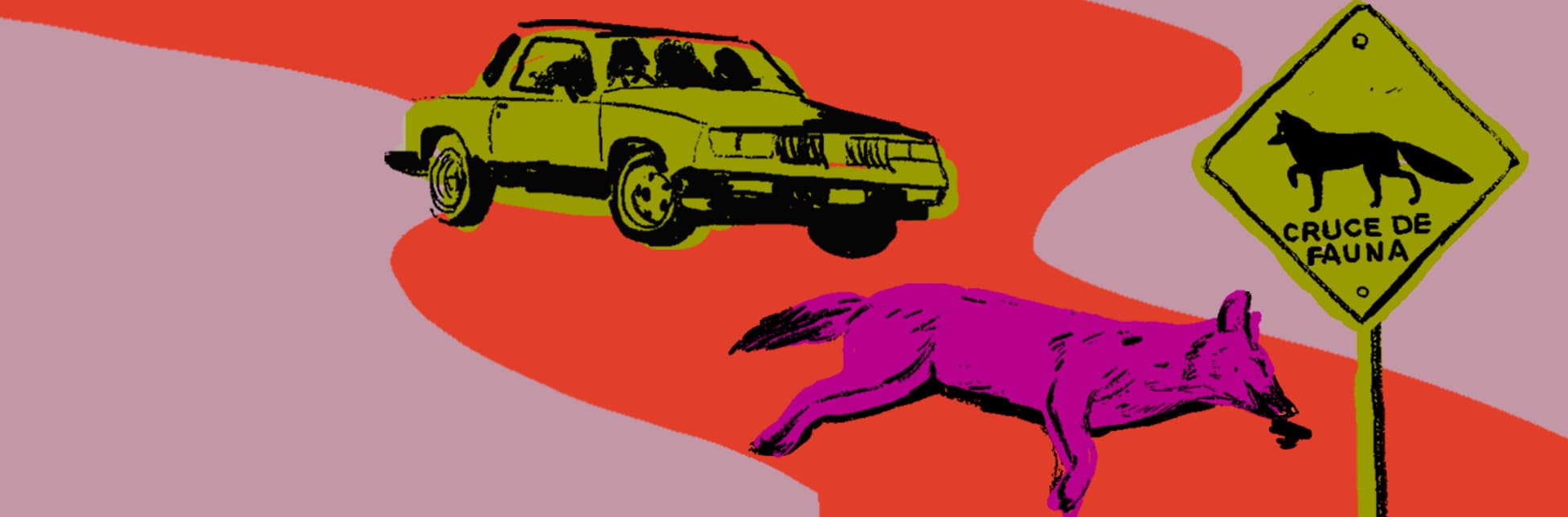 Ilustración. Sobre un fondo oscuro con formas onduladas, aparece un automóvil y un animal tendido en la vía junto a una señal que dice: «Cruce de fauna».