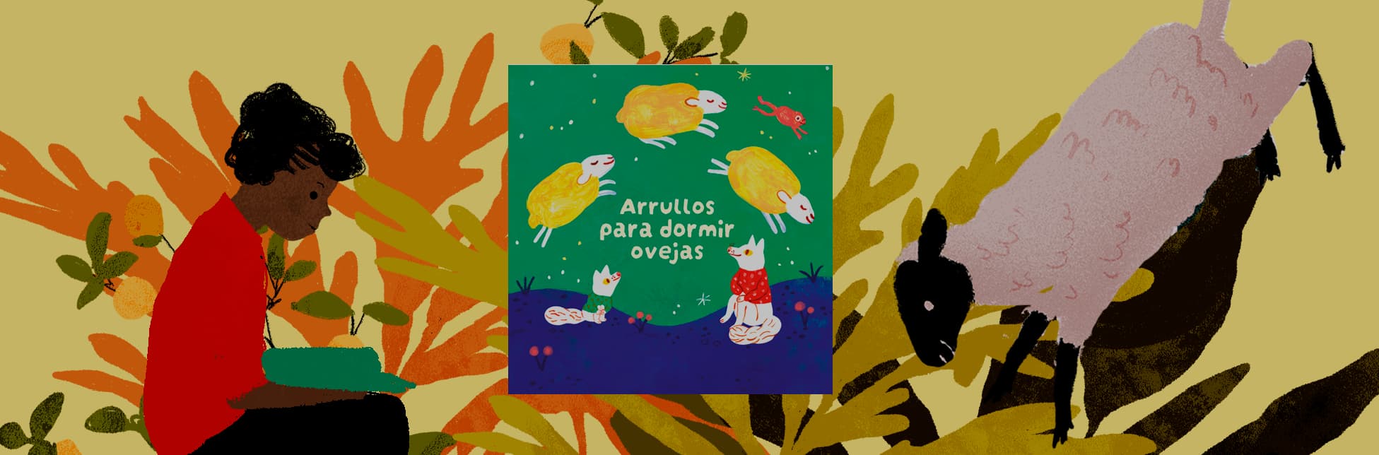 Ilustración. Sobre un fondo claro con plantas y figuras, un niño observa una oveja mientras aparece la imagen de un libro.
