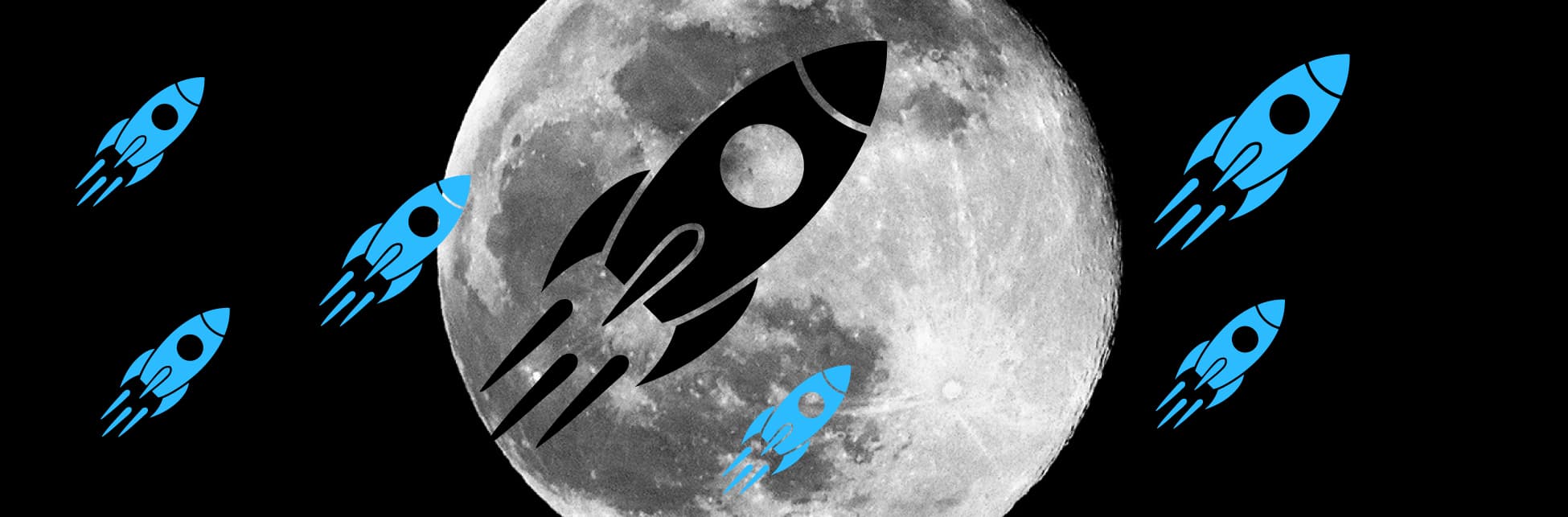 Ilustración. Sobre un fondo negro aparece una gran imagen de la Luna ocupando la parte superior y central, acompañada por varios cohetes ilustrados alrededor, algunos azules y uno negro superpuesto sobre la superficie lunar.