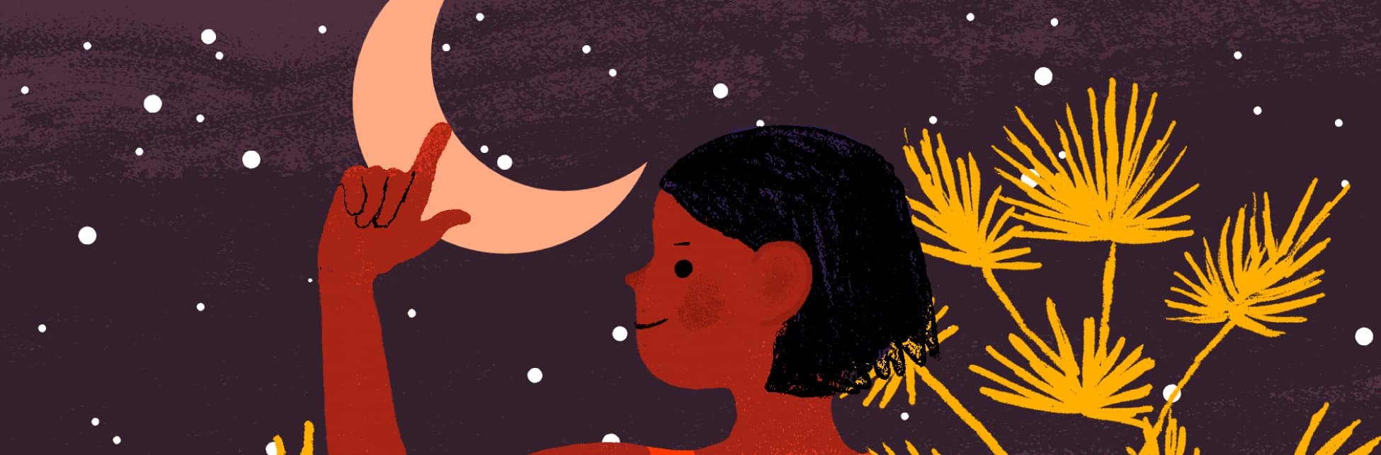 Ilustración. Sobre un fondo morado oscuro, una niña de cabello corto levanta su mano y con un dedo toca una luna menguante.