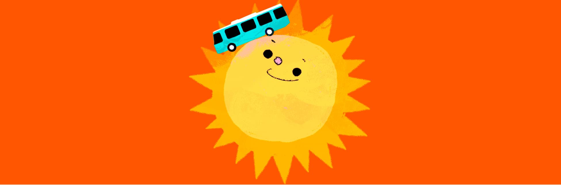 Ilustración horizontal. En el centro aparece el Sol personificado con ojos, cejas, nariz y boca en forma de u con aspecto de sonrisa. Mira arriba a la izquierda, hacia un bus azul seis veces más pequeño que está sobre su superficie.