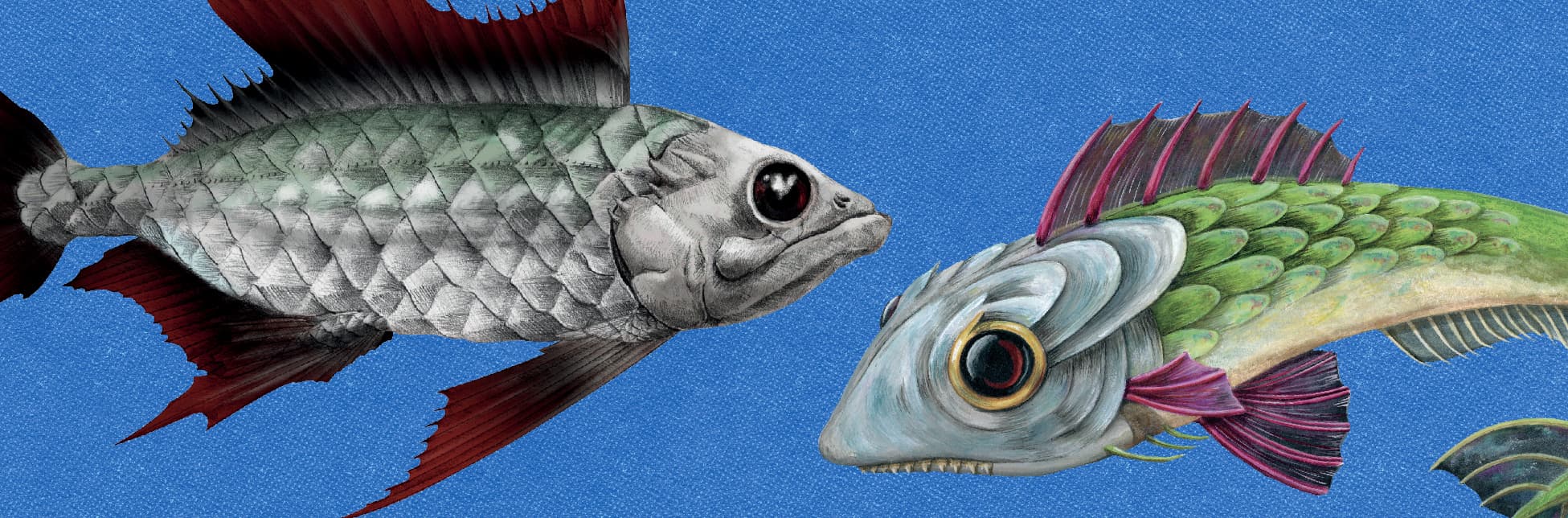 Imagen. Sobre un fondo con una textura azul con puntos en relieve, dos peces de ojos muy grandes.