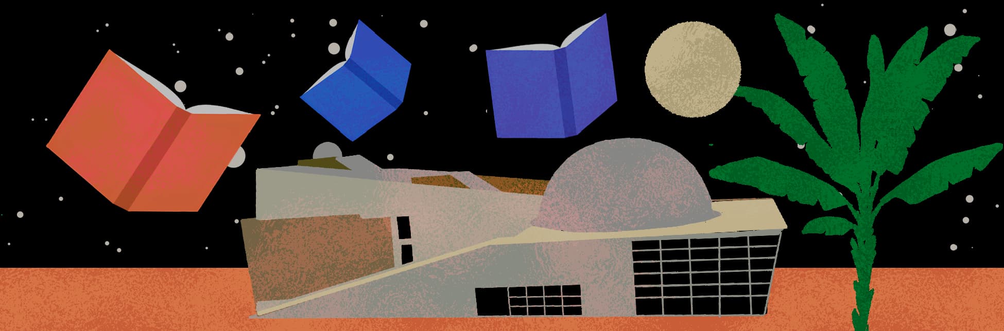 Ilustración. Sobre un fondo negro con puntos que simulan estrellas, se observan libros flotando en diferentes posiciones y colores.