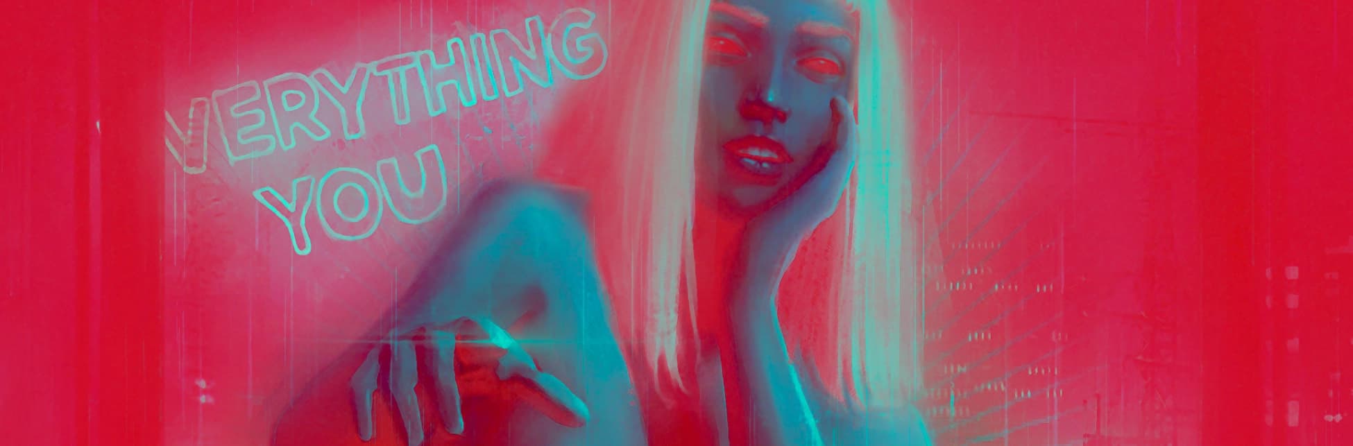 Afiche. En el fondo, dominado por tonos rojos y azules, se ve una figura humana translúcida con cabello largo y gesto pensativo, junto a la silueta de otra persona de espaldas. Detrás aparecen luces y letreros con palabras parcialmente visibles.