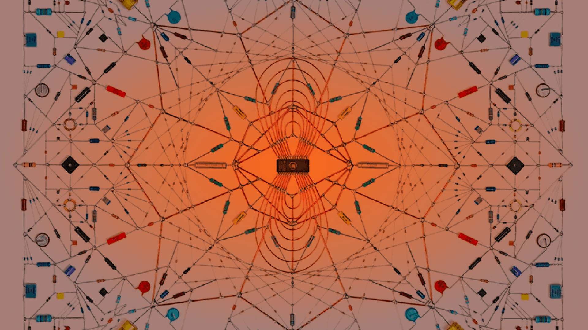 Ilustración. Sobre un fondo de color aparece una composición hecha con circuitos electrónicos. En el centro hay una estrella y se expande a otras formas como cuadrados y triángulos.