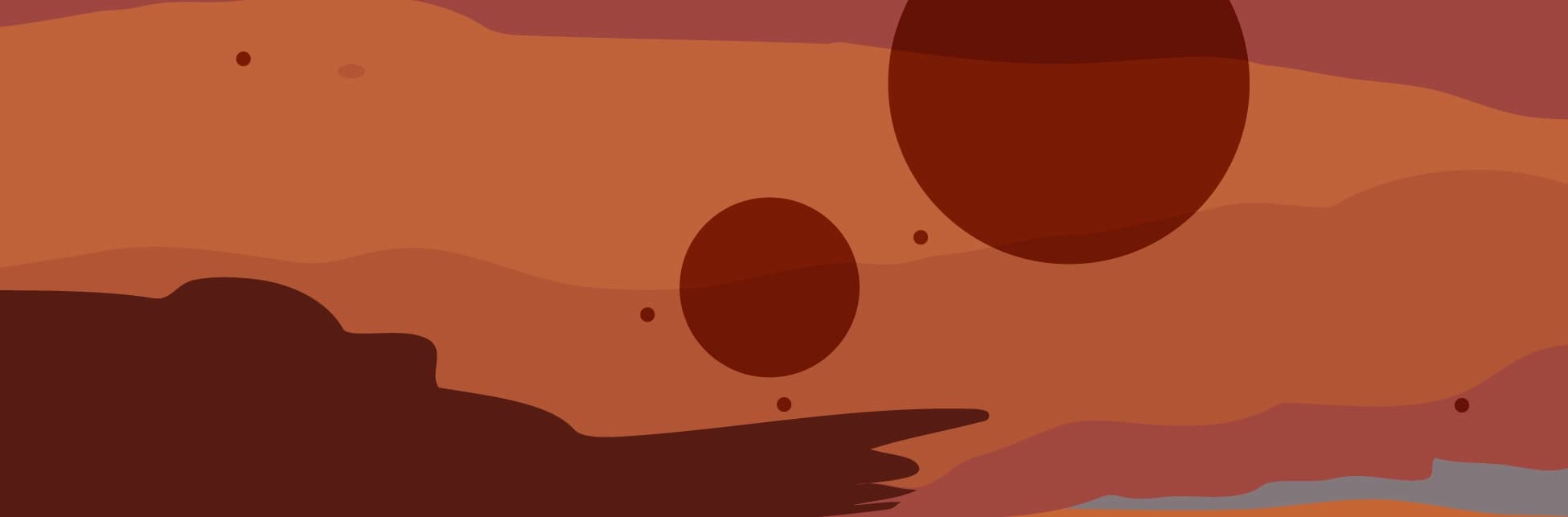 Ilustración. Un paisaje de formas onduladas representa un terreno planetario, con círculos en el cielo y la silueta de una persona a la izquierda.