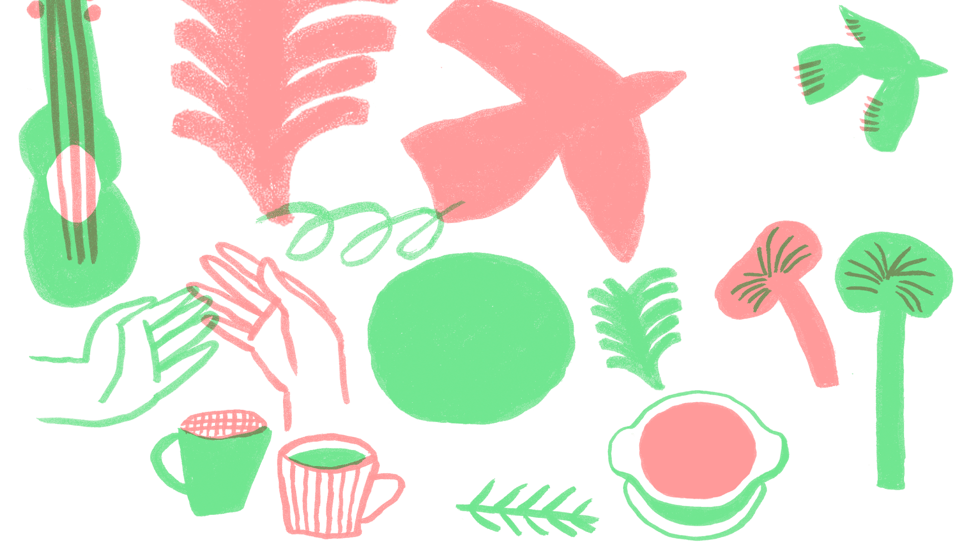Ilustración. Sobre un fondo blanco hay elementos gráficos dibujados en tonos verdes y rosados que incluyen plantas, manos, utensilios de cocina y alimentos.