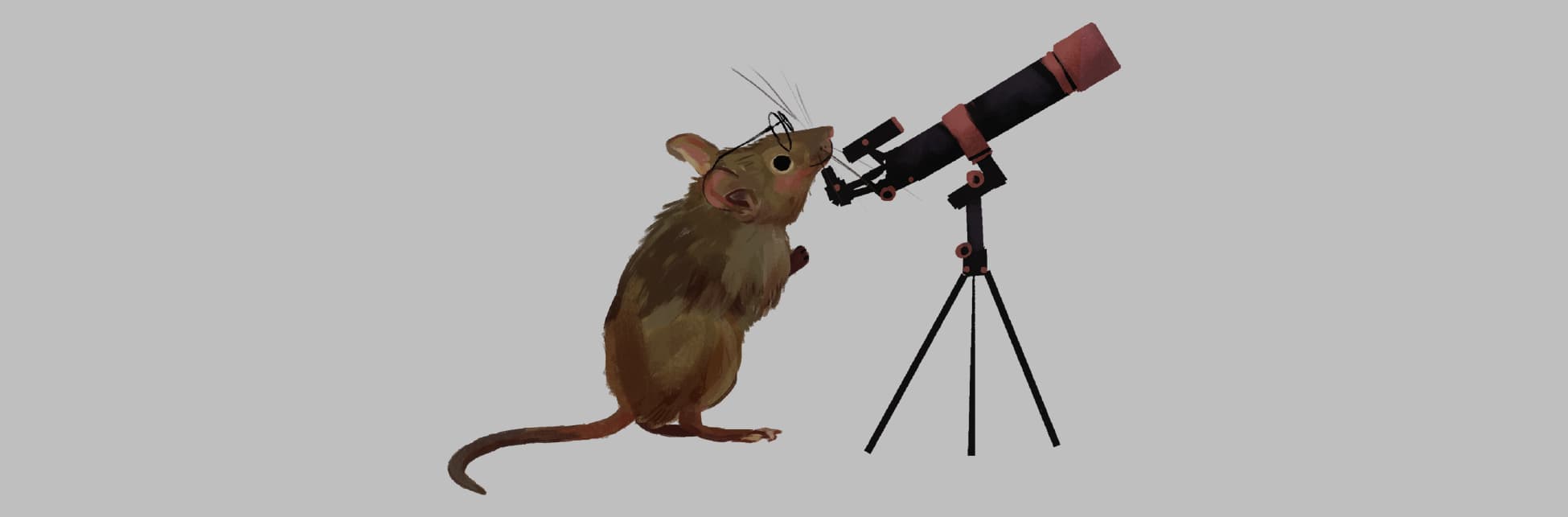 Ilustración. En la parte inferior izquierda un ratón de perfil parado sobre sus patas traseras tiene unos lentes y mira por un telescopio.