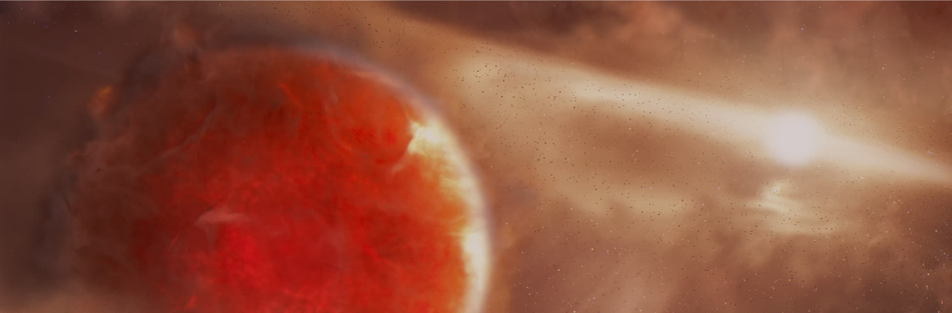 Foto. En la parte izquierda de la imagen un círculo color rojo son los bordes difusos en tonos claros. Al fondo unas nubes blanquecinas y un punto brillante que deja una estela de luz de forma horizontal.