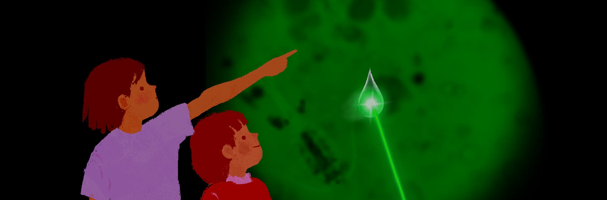 Ilustración. Sobre un fondo oscuro con una gran forma verde difusa, se proyecta un rayo verde que apunta a una gota brillante suspendida en el aire. En la parte inferior derecha aparecen dos niñxs ilustrados mirando hacia la gota; una persona señala hacia arriba.