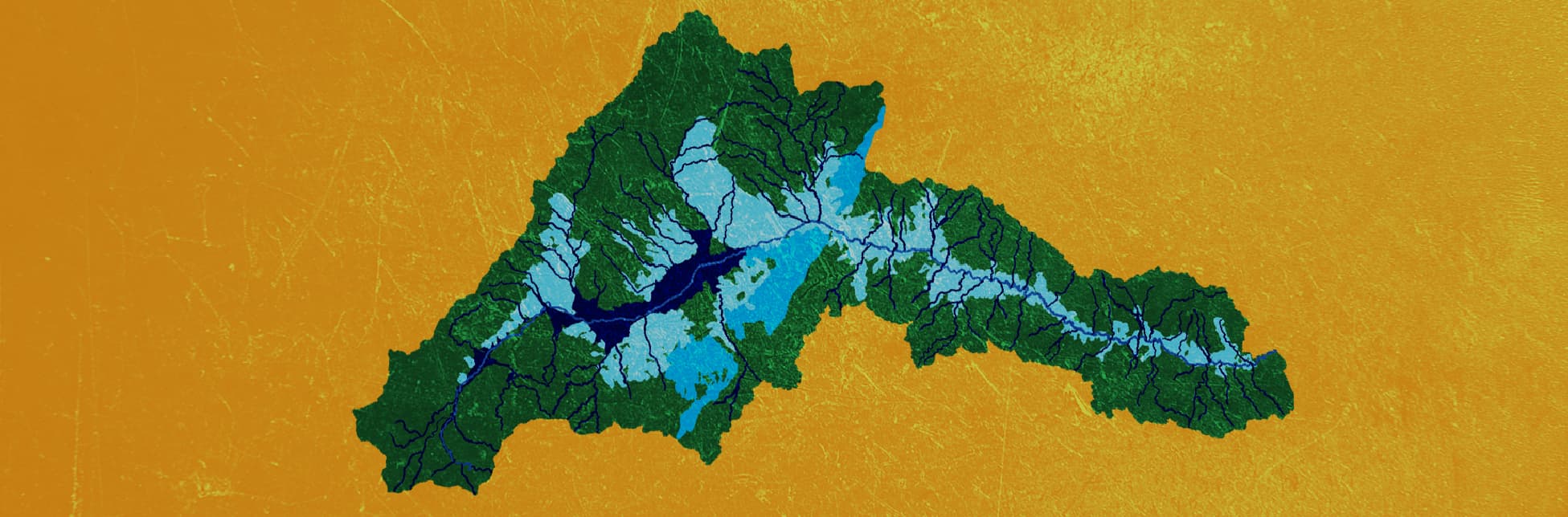 Ilustración. Sobre un fondo amarillo, se destaca un mapa con zonas en verde, azul oscuro, azul claro y blanco que representan la hidrografía del Valle de Aburrá.