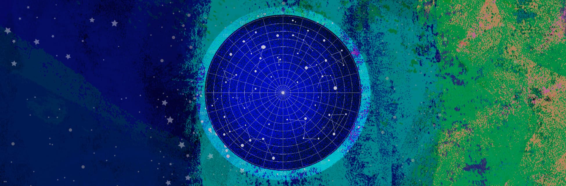 Ilustración horizontal. Sobre un fondo en tonos azules en el centro de la imagen una carta celeste, un objeto circular con varias líneas concéntricas que inician pequeñas en el centro y se hacen más grandes hasta llegar al borde del círculo. También hay puntos blancos de diferentes tamaños unidos entre sí con algunas líneas.