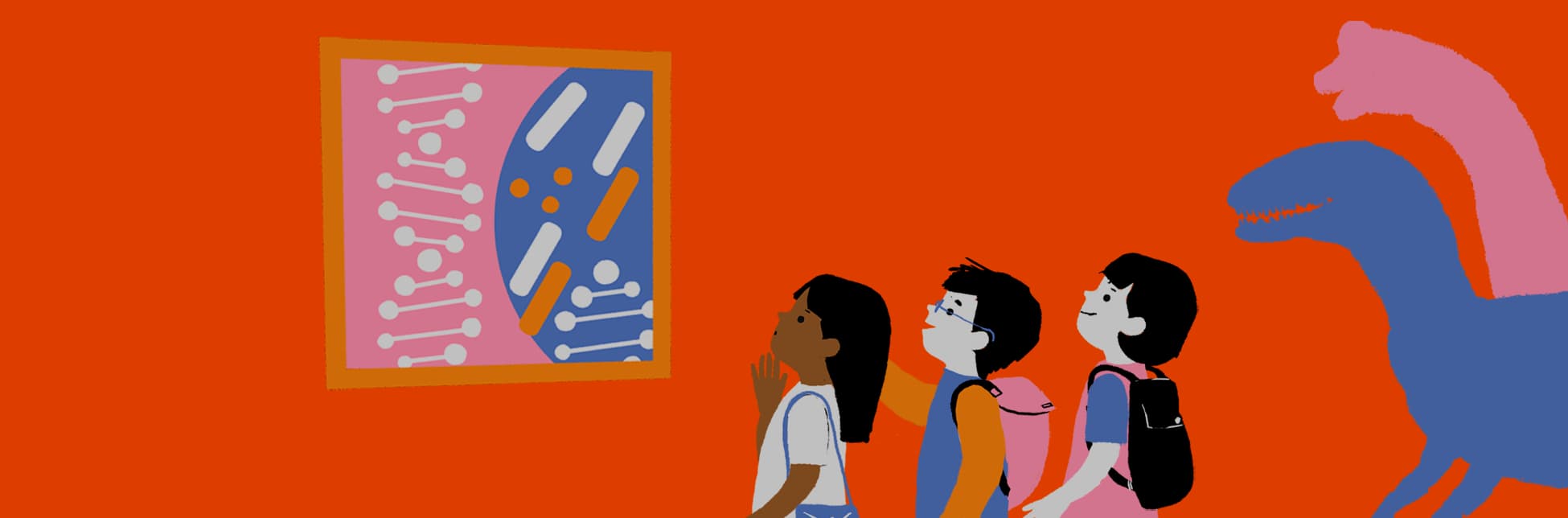Ilustración. Sobre un fondo naranja, a la derecha aparecen dos dinosaurios grandes, uno rosado y otro azul, observados por tres niñas y niños con morrales. A la izquierda hay una imagen enmarcada con formas de circuitos y piezas alargadas