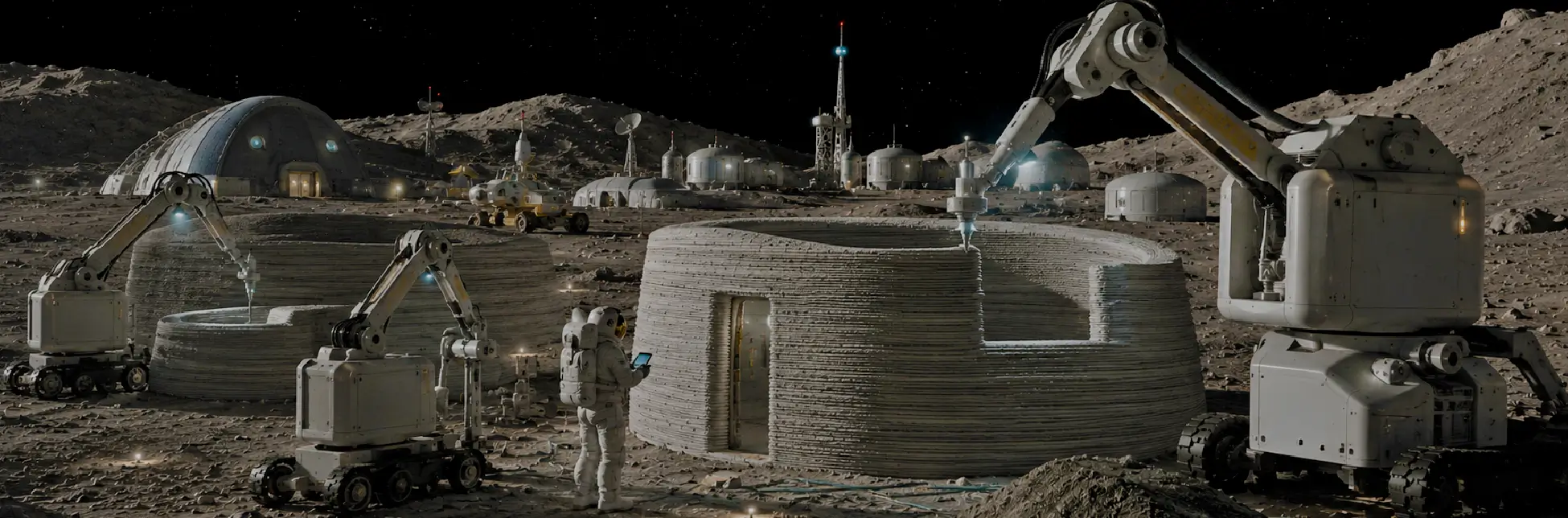 Imagen. Ilustración de un paisaje espacial con superficie gris similar a la Luna, donde varias estructuras circulares en construcción están siendo ensambladas por brazos robóticos. En el centro inferior hay una persona con traje espacial observando y manipulando un dispositivo, y al fondo se ven más módulos y antenas bajo un cielo negro estrellado, con la Tierra visible a la izquierda.